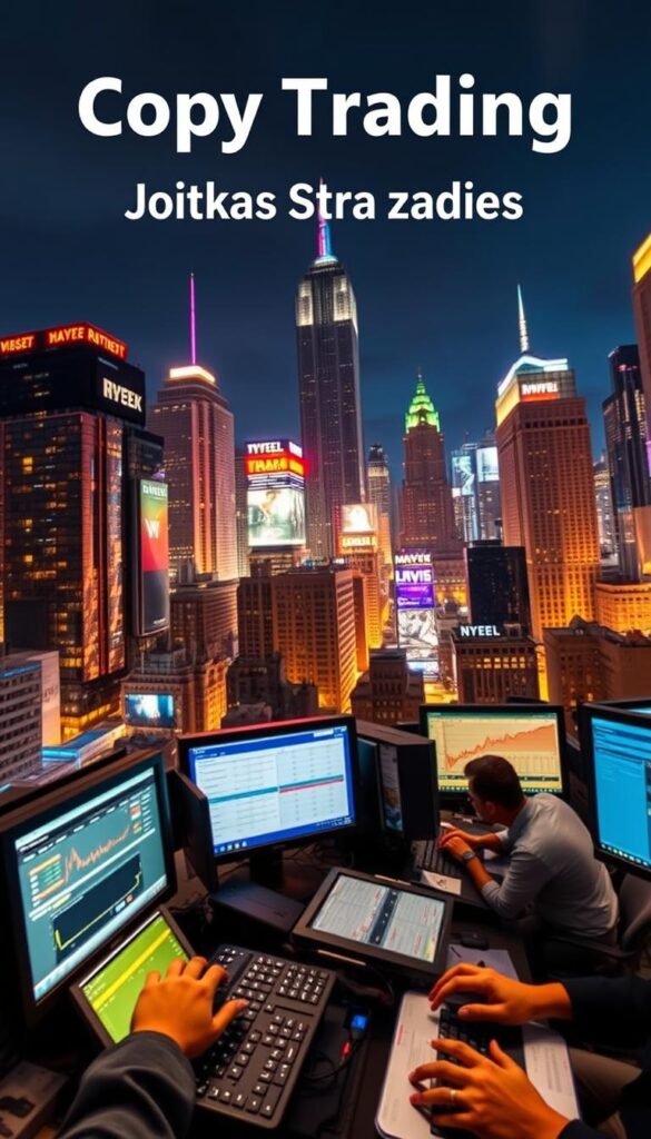 A dynamic cityscape at night, with a stock trading floor in the foreground. The trading room is illuminated by a warm, golden light, reflecting off the various screens and terminals. In the background, towering skyscrapers and neon billboards create an urban metropolis. The scene conveys a sense of energy, with traders intently focused on their monitors, their hands moving rapidly across keyboards. The overall atmosphere is one of high-stakes, fast-paced financial activity, hinting at the potential rewards and risks of copy trading strategies.