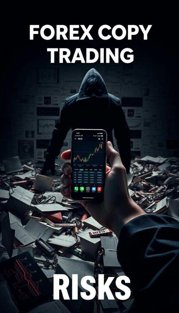 A dynamic, high-contrast image of forex copy trading risks. In the foreground, a jumble of disorganized financial charts, graphs, and data streams, conveying the complexity and uncertainty of the market. In the middle ground, a hand grasping a smartphone displaying a trading app, symbolizing the ease of copy trading but with an ominous undertone. In the background, a shadowy figure lurking, representing the potential for hidden risks and unseen threats. Dramatic lighting casts sharp shadows, heightening the sense of danger and the weight of the decision. An atmosphere of unease and cautious apprehension permeates the scene.