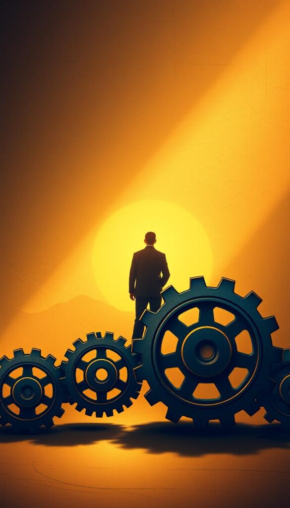 A dynamic illustration of the evolution of copy trading, set against a backdrop of ancient parchment. In the foreground, a series of interconnected gears symbolize the iterative process, each gear representing a pivotal milestone in the technology's development. In the middle ground, a shadowy figure representing the early pioneers of copy trading stands resolute, facing a horizon of possibilities. The background is illuminated by a warm, amber glow, evoking a sense of timeless innovation. The lighting is soft and atmospheric, casting dramatic shadows that accentuate the depth and texture of the scene. The overall composition conveys the gradual unfolding of a revolutionary financial concept, from its humble beginnings to its current prominence.