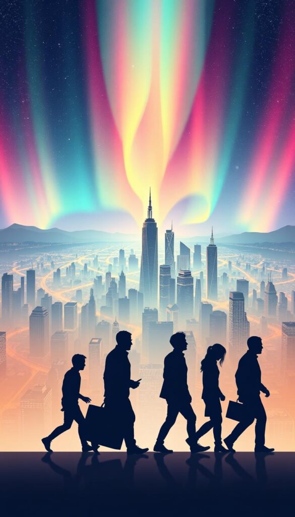 A dynamic illustration of the evolution of copy trading, showcasing its progression over time. In the foreground, a series of silhouetted figures, each representing a distinct era, step forward in a symbolic march, reflecting the gradual advancements in this trading practice. The middle ground features a sprawling cityscape, with towering skyscrapers and interconnected networks, symbolizing the digital landscape that has enabled the growth of copy trading. In the background, a vibrant and colorful aurora borealis illuminates the sky, creating a sense of wonder and the vastness of the technological frontier. Soft, warm lighting casts a contemplative glow, evoking the thoughtful nature of this historical journey.