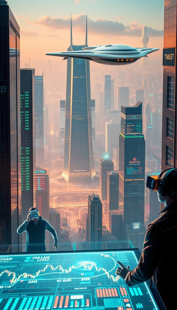 A futuristic cityscape with towering skyscrapers and gleaming high-tech infrastructure. In the foreground, a holographic display showcases an interactive dashboard with real-time trading data and signals. Traders immersed in virtual reality headsets, their movements mirrored by automated trading bots. The middle ground features a bustling financial district, with holograms of stock tickers and market indices projected across the skyline. In the background, a sleek, hovering transport network crisscrosses the city, connecting a vast network of automated trading hubs. The scene is bathed in a warm, diffused light, conveying a sense of innovation, efficiency, and the seamless integration of technology and finance.