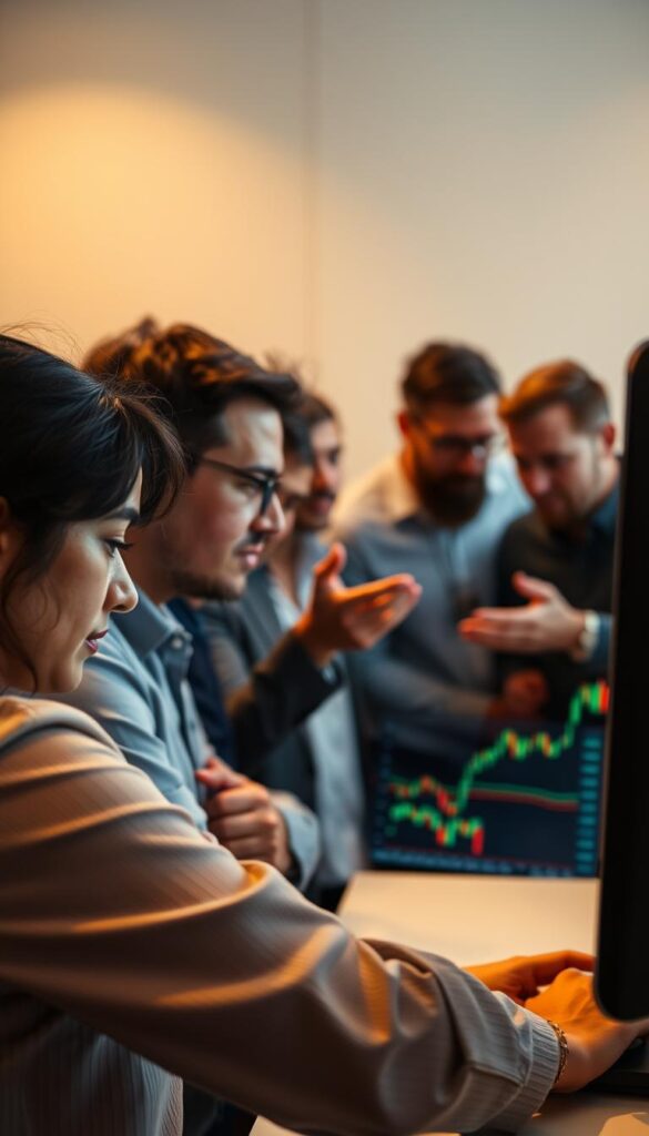 A group of traders gathered around a large monitor, intently following the ebb and flow of the forex market. In the foreground, a trader closely examines the trading platform, her brow furrowed in concentration. In the middle ground, several traders are engaged in lively discussion, gesturing toward the screen and sharing insights. The background is softly blurred, emphasizing the focus and camaraderie of the social trading environment. Warm, muted lighting casts a contemplative atmosphere, as the traders collaborate to navigate the complexities of the forex landscape.