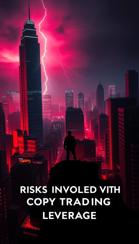 A high-contrast cityscape at night, with a towering skyscraper casting an ominous shadow across the frame. In the foreground, a figure stands on a precipice, contemplating the risks of leveraged trading, as lightning flashes ominously in the distance. The scene is bathed in an eerie red glow, creating a sense of danger and unease. The background is a maze of neon-lit streets and dark alleyways, hinting at the complex and volatile nature of the financial markets. The composition is dramatic, with sharp angles and a sense of impending doom, conveying the message of the "Risks Involved with Copy Trading Leverage" in a visually compelling way.