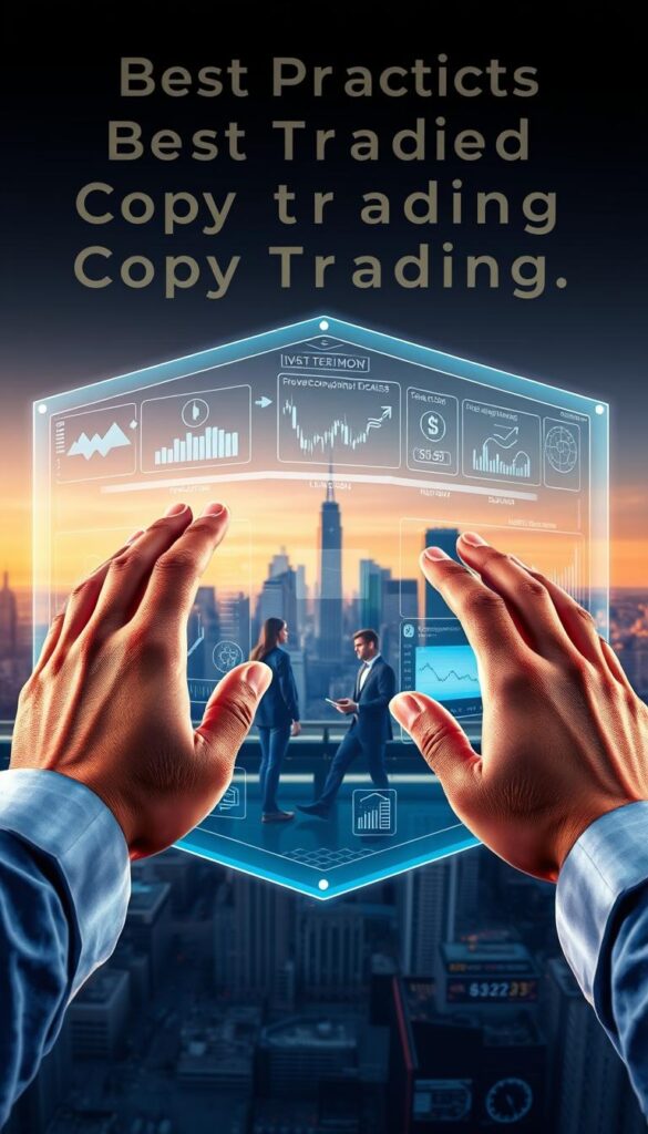 A high-resolution digital illustration depicting the best practices for effective forex copy trading strategies. In the foreground, a trader's hands are carefully navigating a futuristic, holographic user interface, with various charts, indicators, and signals displayed. In the middle ground, a team of diverse traders collaborates, sharing insights and monitoring multiple trading accounts. In the background, a cityscape of skyscrapers and financial hubs sets the scene, illuminated by a warm, golden-hour lighting. The overall atmosphere conveys a sense of precision, professionalism, and collective expertise in the world of copy trading.