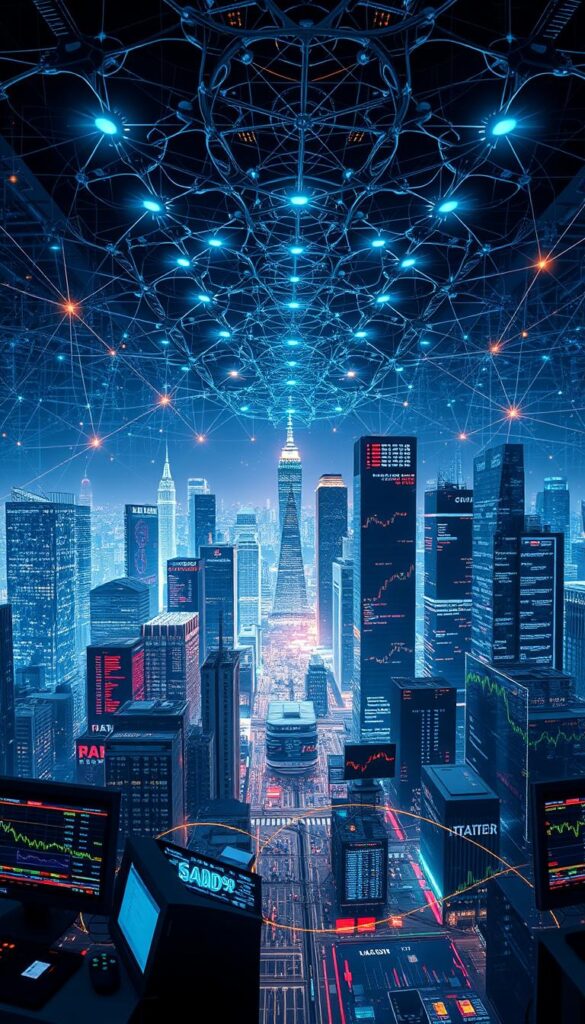 A high-tech financial network pulsing with dynamic data streams. In the foreground, a digital hub of connected traders, their screens filled with real-time trading metrics. In the middle ground, a complex web of algorithmic trading strategies, interlinking investment portfolios. The background depicts a cityscape of towering skyscrapers, their facades reflecting the ebb and flow of the markets. Overhead, a kaleidoscope of information visualizations casts an ambient glow, illuminating the intricate financial landscape. Subtle lighting emphasizes the sense of power and precision governing this sophisticated trading ecosystem.