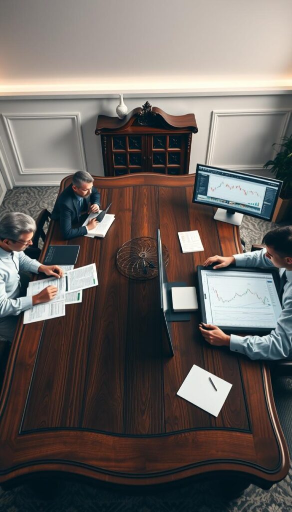 A large, ornate wooden table dominates the center of the frame, dividing it into two distinct halves. On the left, a group of investors pore over spreadsheets and charts, deep in thought - the traditional investing approach. On the right, a tech-savvy trader intently monitors multiple screens, hands flying across a sleek, minimalist trading platform - the world of copy trading. Soft, diffused lighting casts an air of contemplation, while the backdrop shifts subtly between modern and classical elements, representing the juxtaposition of old and new investment strategies. The overall mood is one of quiet intensity, inviting the viewer to contemplate the merits and challenges of these contrasting financial landscapes.