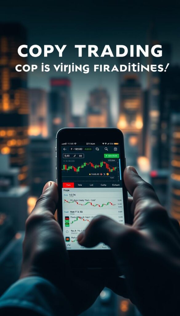 A meticulously composed scene depicting the fundamentals of copy trading strategies. In the foreground, a smartphone screen displays a trading platform interface, with various charts, indicators, and trading signals. In the middle ground, a hand navigates the trading app, showcasing the process of selecting and copying a trader's positions. The background features a blurred financial cityscape, conveying the professional atmosphere of the forex market. Dramatic lighting casts shadows and highlights the key elements, creating a sense of depth and drama. The overall mood is one of focused determination, with a sleek, modern aesthetic that reflects the cutting-edge nature of copy trading.