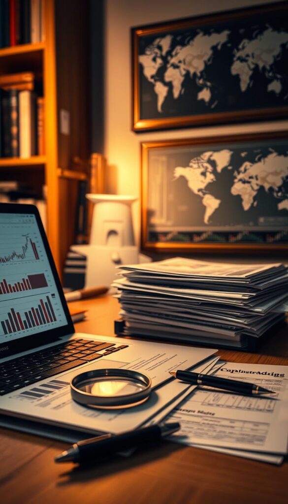 A meticulously crafted desk scene showcasing the process of conducting research for copy trading. In the foreground, a laptop displays charts and graphs, surrounded by a stack of financial reports and research materials. The middle ground features a magnifying glass and a pen, symbolizing the careful analysis required. In the background, a bookshelf filled with finance-related volumes and a framed world map evoke a sense of global investment awareness. Warm, directional lighting illuminates the scene, creating a contemplative and professional atmosphere, emphasizing the importance of thorough research for successful copy trading.