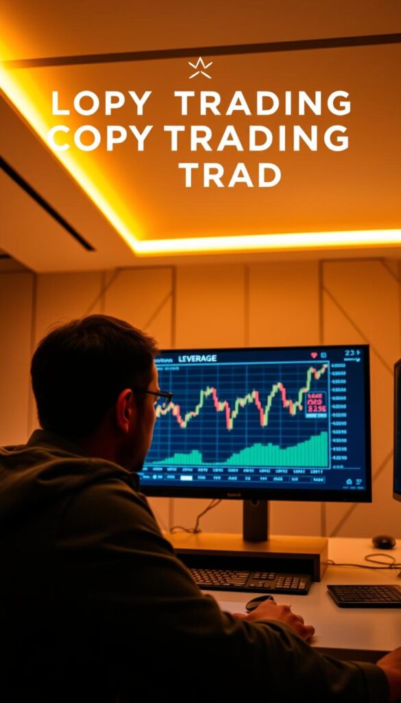 A modern financial office with a large computer screen displaying a graph of trading leverage and fluctuating currency exchange rates. In the foreground, a focused trader studying the data, their face illuminated by the soft glow of the display. The room is bathed in a warm, golden light, creating a sense of concentration and intensity. The background is a minimalist, sleek workspace with clean lines and geometric shapes, emphasizing the technological and analytical nature of the subject matter. The overall atmosphere conveys the power and precision of leveraging copy trading strategies to maximize profits.
