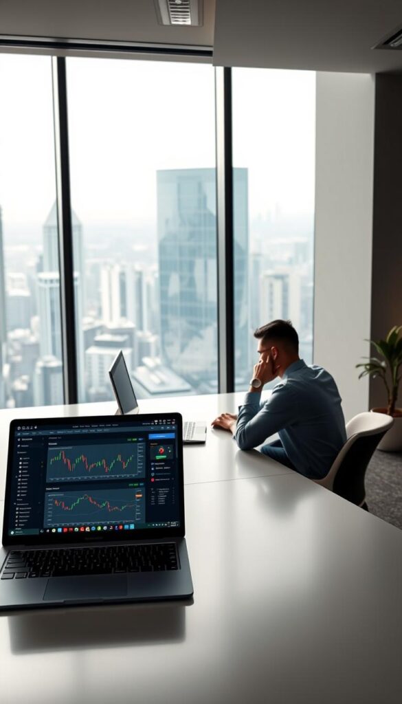 A modern, minimalist office setting with a large desk showcasing Zerodha's copy trading software interface. The foreground features a laptop screen displaying the platform's intuitive dashboard, with charts, trading indicators, and customizable settings. In the middle ground, a professional trader sits intently, analyzing market data and executing trades. The background depicts a sleek, technologically-advanced workspace, with floor-to-ceiling windows offering a panoramic view of a bustling cityscape. Soft, directional lighting creates a sense of focus and productivity, while the overall atmosphere conveys a blend of efficiency, innovation, and Zerodha's commitment to empowering investors through advanced trading tools.
