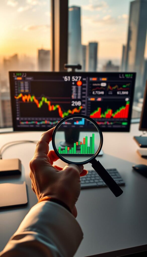 A modern office desk with a computer display showing various financial charts and graphs, symbolizing the benefits of leverage in copy trading. In the foreground, a hand holding a magnifying glass, highlighting key data points. The background features a cityscape with skyscrapers, conveying the financial landscape. Warm, directional lighting illuminates the scene, creating a sense of focus and importance. The overall composition suggests the power of leveraging copy trading strategies to maximize profits.