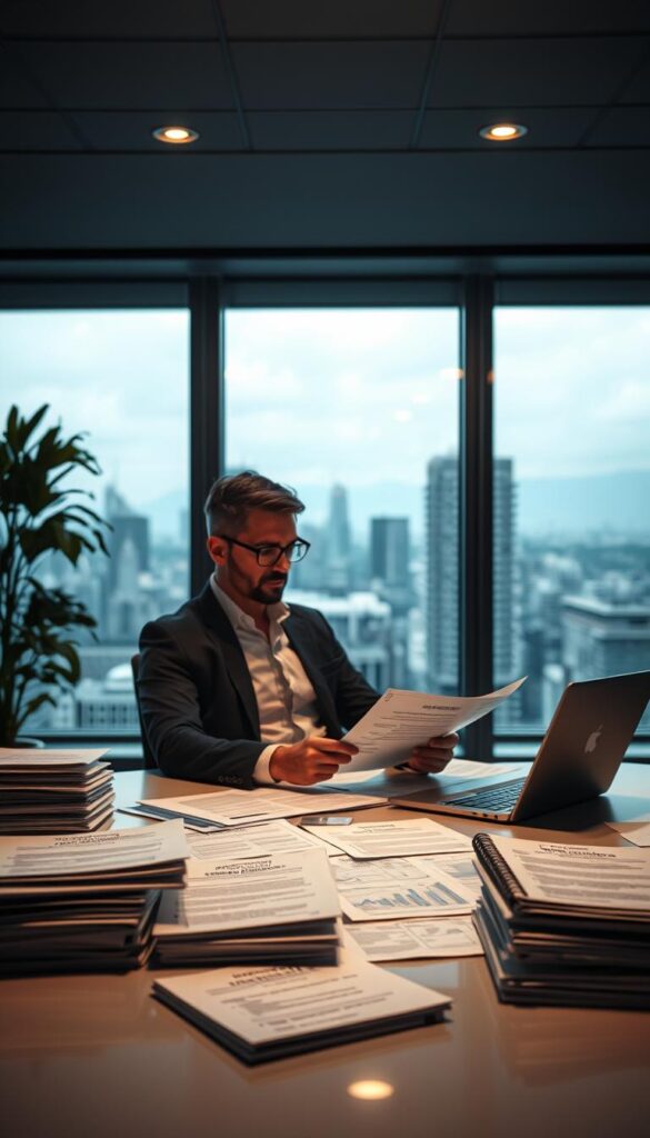 A modern office interior, dimly lit with warm overhead lighting. In the foreground, a businessman sits at a sleek, minimalist desk, intently studying financial documents and regulations. Surrounding him, stacks of papers, a laptop, and a tablet display various compliance guidelines and legal frameworks. In the middle ground, a large window offers a cityscape view, hinting at the broader regulatory landscape. The atmosphere is one of focused professionalism, with a subtle tension reflecting the complex legal and financial considerations of copy trading.
