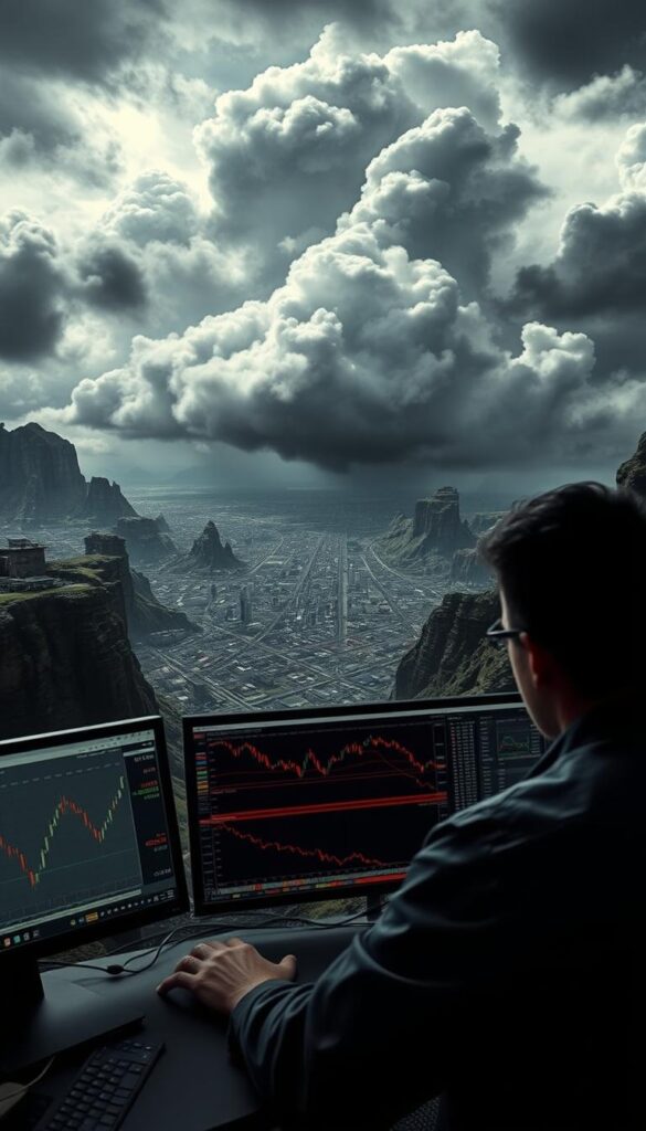 A perilous financial landscape, where risks lurk in the shadows of copy trading. In the foreground, a trader navigates a maze of complex charts and data, their focus narrowed to the screen. In the middle ground, a tangled web of interconnected graphs and indicators, hinting at the unpredictable nature of the markets. In the background, a ominous storm clouds gather, foreshadowing the potential for sudden and devastating losses. Stark lighting casts dramatic shadows, emphasizing the gravity of the situation. A wide-angle lens captures the overwhelming scale of the challenges faced by the copy trader, who must navigate this treacherous terrain with caution and vigilance.