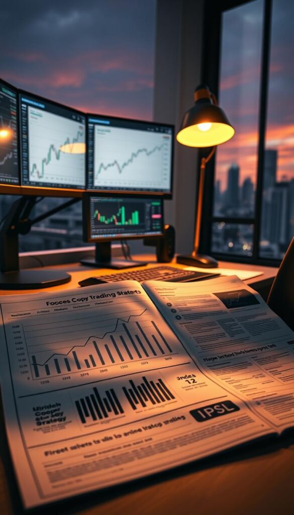 A professional data analyst's workstation, illuminated by a warm desk lamp, displaying charts and graphs on a series of high-resolution monitors. The foreground features a stylized, minimalist infographic showcasing the performance metrics of a successful copy trading strategy, with clean lines and a modern color palette. In the middle ground, a financial newspaper is open, highlighting news and insights related to the topic. The background depicts a serene cityscape, with skyscrapers and a sunset sky, conveying a sense of progress and opportunity.