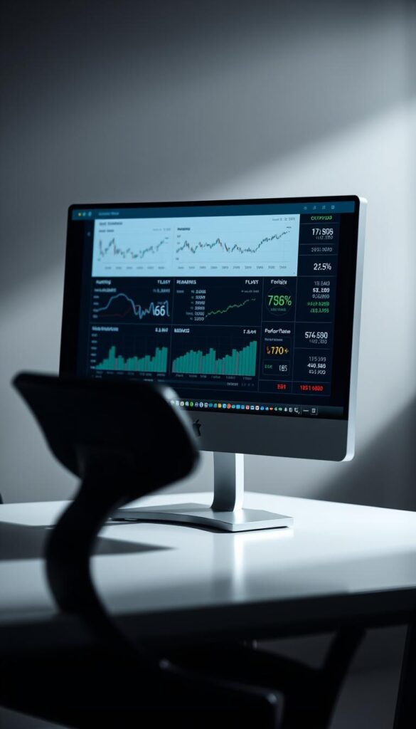 A professional, high-contrast photograph of a computer monitor displaying various financial performance metrics for a copy trading platform. The monitor is positioned on a sleek, minimalist desk with a modern, ergonomic chair in the foreground. The background is blurred, creating a sense of depth and focus on the screen. The lighting is soft and directional, creating dramatic shadows and highlights that accentuate the data visualizations. The overall mood is one of analytical precision and data-driven decision-making, conveying the importance of carefully monitoring copy trading performance.