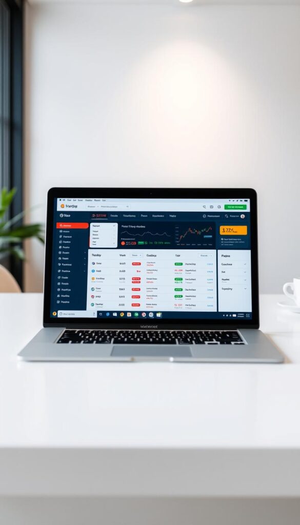 A professional, modern, and clean-looking copy trading platform interface, displayed on a laptop or desktop computer screen. The screen shows a user-friendly dashboard with intuitive controls, real-time market data, and personalized recommendations for copy trading strategies. The background features a minimalist, neutral-colored office setting with subtle lighting, creating a calm and focused atmosphere. The overall composition emphasizes the ease of use and effectiveness of the copy trading platform, inviting the viewer to explore its features and potential to boost their investment returns.