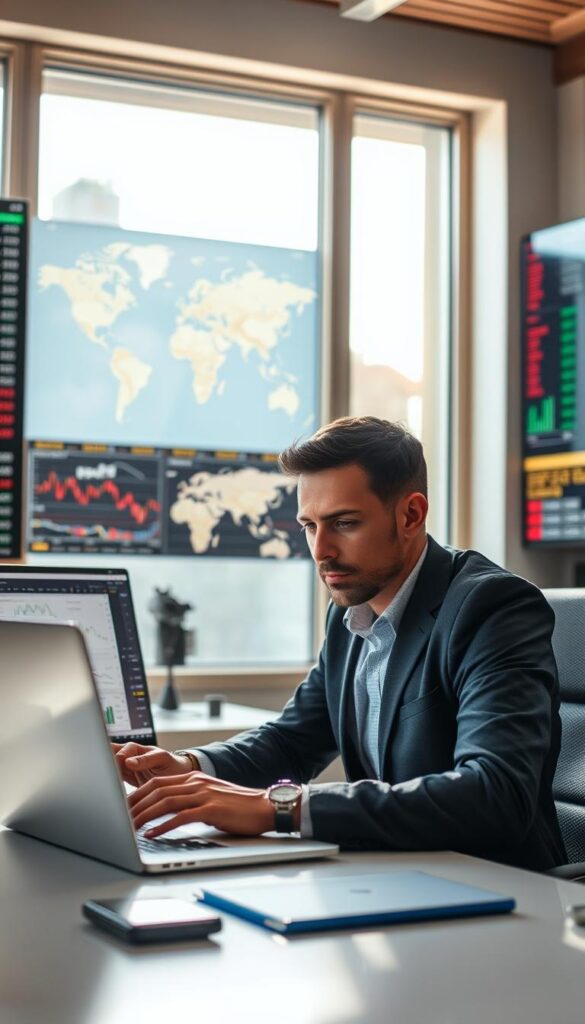 A professional trader sitting at a desk, intensely focused on a laptop screen displaying various financial charts and data. The room is well-lit, with natural light streaming in from a large window, casting a warm glow on the scene. The trader's expression conveys a sense of determination and confidence, as they analyze the latest market trends and consider their next trading moves. In the background, a world map or stock tickers provide a subtle nod to the global nature of the financial markets. The overall atmosphere is one of professionalism, expertise, and the pursuit of successful investment strategies.