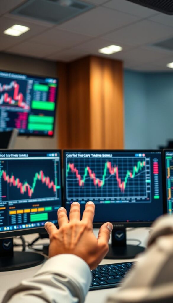 A professional trading desk with multiple computer screens displaying real-time financial data and charts. In the foreground, a trader's hands are gesturing over the screens, analyzing trends and making informed decisions. The middle ground features a prominent graph or chart visualizing "copy trading signals" - patterns and indicators that can be replicated by other traders. The background is softly blurred, creating a sense of focus on the essential elements of the trading process. The lighting is bright and evenly distributed, conveying a sense of clarity and precision. The overall mood is one of concentration, expertise, and the power of data-driven investing.