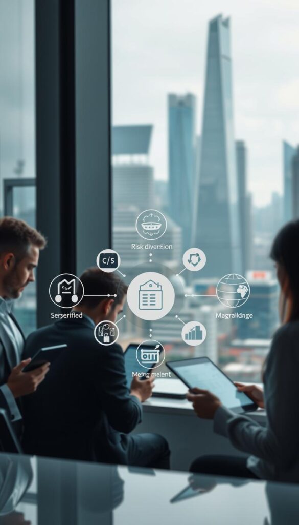A serene and tranquil setting, with a central focus on the benefits of copy trading. In the foreground, a group of traders, each with a tablet or laptop, intently studying financial data and charts. The middle ground showcases a series of icons and symbols representing the key advantages of copy trading, such as risk diversification, passive income, and simplified portfolio management. The background depicts a cityscape, with towering skyscrapers and a vibrant, bustling financial district, symbolizing the broader global market. Soft, diffused lighting creates a calming, professional atmosphere, while a subtle depth of field emphasizes the subject matter. The overall composition conveys the effortless and rewarding nature of copy trading for both novice and experienced investors.