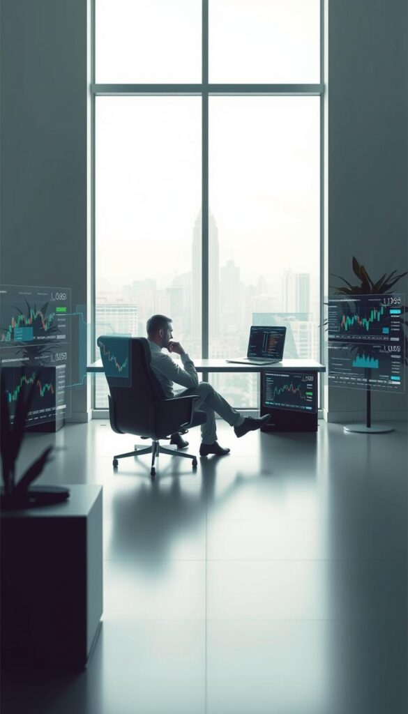 A serene, contemplative scene depicting the psychological aspects of copy trading. In the foreground, a trader sits in a comfortable chair, deep in thought, surrounded by holographic displays showcasing various trading strategies. The middle ground features a minimalist, modern office setting with clean lines and muted tones, creating a sense of focus and clarity. In the background, a large window overlooks a bustling cityscape, symbolizing the larger financial landscape and the connections between individual traders and the global markets. Soft, natural lighting filters in, evoking a sense of introspection and decision-making. The overall mood is one of calm, thoughtfulness, and the weight of responsibility inherent in the copy trading process.