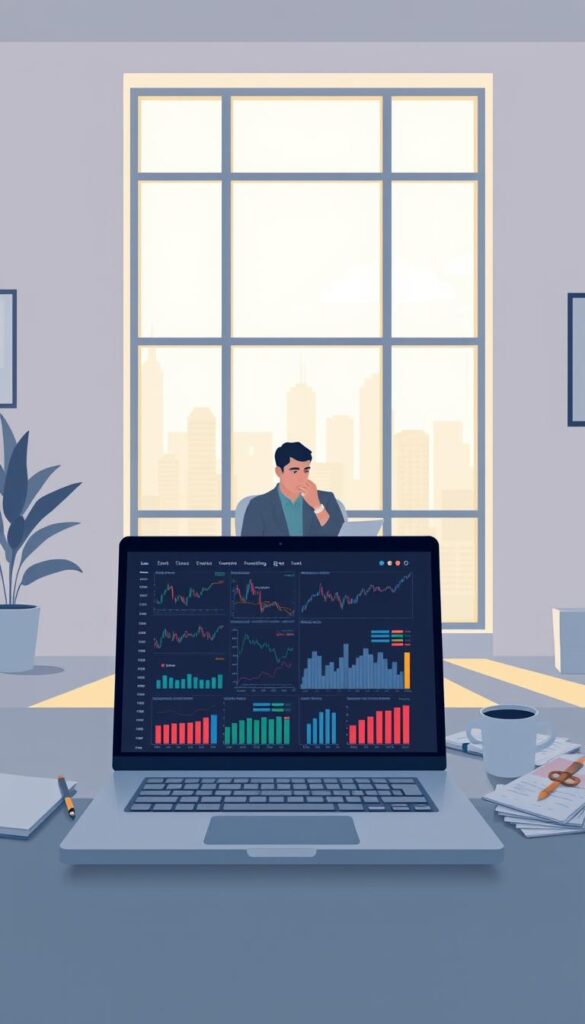 A serene office setting with a large window overlooking a cityscape. In the foreground, a laptop displays various financial charts and graphs, representing the benefits of copy trading. The middle ground features a thoughtful investor analyzing the data, surrounded by financial documents and a mug of coffee. The background showcases a modern, minimalist workspace with clean lines and a calming color palette. Soft, natural lighting filters through the window, creating a sense of tranquility and focus. The overall scene conveys the advantages of copy trading, such as accessibility, diversification, and passive income, through a visually appealing and professional illustration.