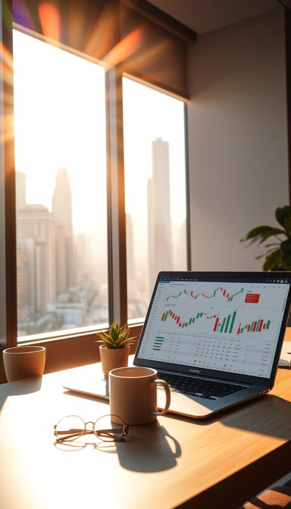 A serene, sun-dappled office scene. In the foreground, a laptop displays a trading dashboard, with colorful graphs and charts. The middle ground features a stylish desk setup, with a succulent plant, a coffee mug, and a pair of reading glasses. In the background, a large window overlooks a bustling city skyline, the skyscrapers bathed in warm, golden light. The mood is one of productivity, efficiency, and the potential for financial growth. The overall composition conveys the benefits of copy trading, where investors can leverage the expertise of successful traders to boost their own investment returns.