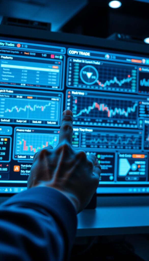 A sleek, futuristic interface with various trading platforms and analytical tools prominently displayed on a high-resolution digital screen. The scene is bathed in a cool, blue-tinted lighting, creating a sense of technological sophistication. The platforms are intuitively designed, with real-time data feeds, customizable charts, and intuitive controls. In the foreground, a hand hovers over a touchpad, ready to initiate a trade. The background is blurred, placing the focus on the main elements of the copy trading interface. The overall atmosphere is one of efficiency, precision, and the empowerment of individual traders.