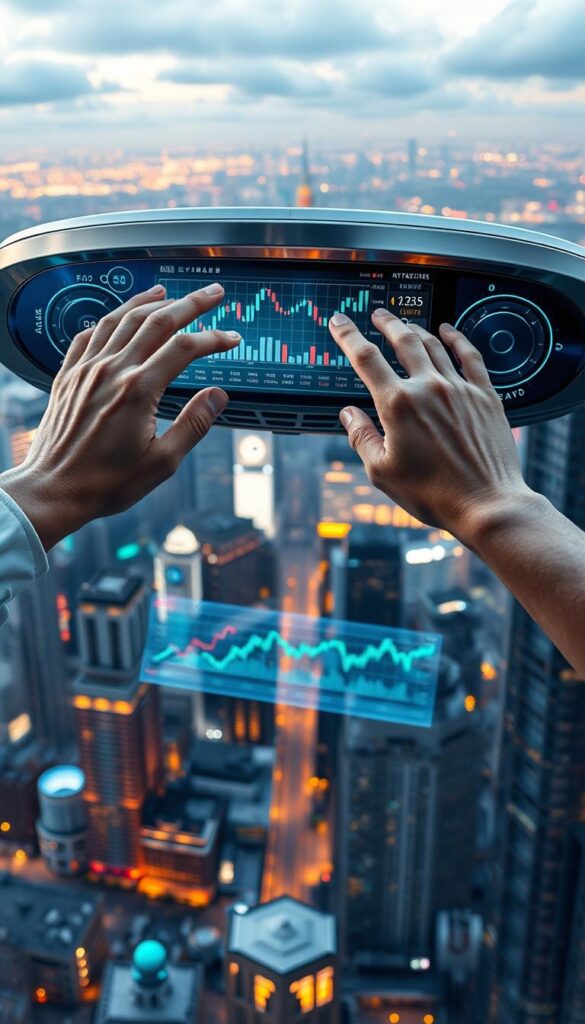A sleek, futuristic trading interface hovers above a cityscape, its holographic displays and touch controls reflecting the smooth, metallic architecture. In the foreground, a pair of hands expertly navigate the intuitive user experience, executing complex trades with precision. The middle ground showcases a dynamic data visualization, the latest market trends and indicators pulsing with energy. In the background, the glow of towering skyscrapers and the hum of next-generation networks create an atmosphere of technological prowess and financial acumen. The scene conveys the power and sophistication of copy trading technology, seamlessly blending human expertise with cutting-edge digital tools.