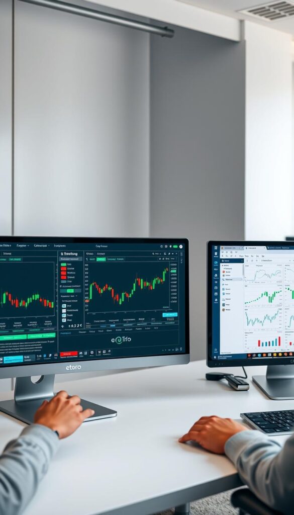 A sleek, minimalist desktop scene featuring multiple monitors displaying the user interfaces of popular online copy trading platforms. The foreground showcases the clean and intuitive designs of platforms like eToro, Zulutrade, and Myfxbook, with crisp icons, charts, and trading data. The middle ground depicts a user's hands interacting with the platforms, highlighting the seamless experience. The background subtly suggests a modern, well-lit office environment with clean lines and neutral tones, creating a professional and trustworthy atmosphere. The overall composition conveys the accessibility and user-friendliness of the copy trading services featured on popular Reddit forums.