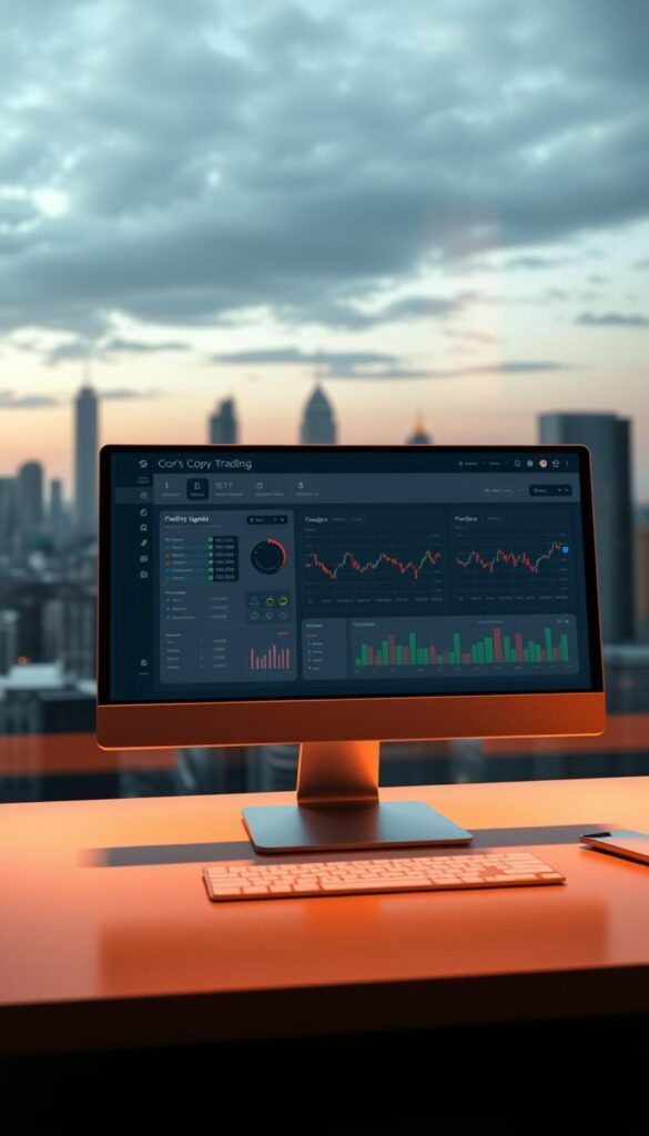 A sleek, modern computer interface showcasing a copy trading software dashboard. In the foreground, a clean display of real-time market data, trading signals, and portfolio analytics. In the middle ground, intuitive controls and customizable views for seamless trade execution. The background subtly fades into a cityscape, hinting at the global reach and scale of the platform. Warm, directional lighting illuminates the screen, creating a sense of professionalism and authority. The overall aesthetic is minimalist, efficient, and visually appealing, reflecting the sophisticated capabilities of the copy trading software.