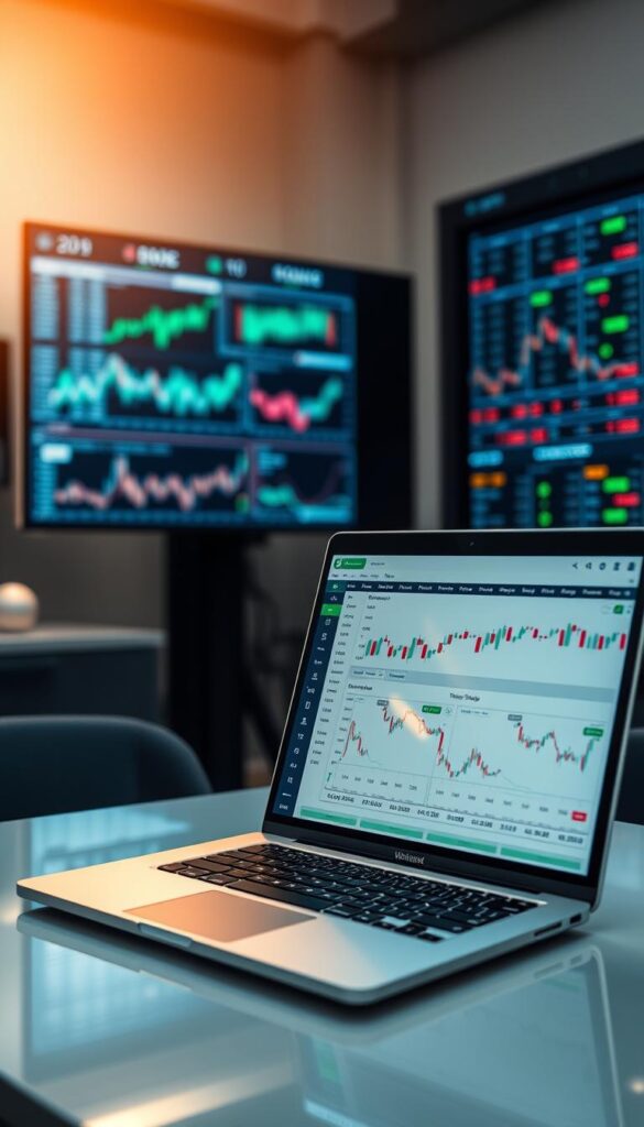 A sleek, modern copy trading platform interface with a clean, minimalist design. The foreground features a laptop or desktop computer screen displaying performance metrics, trading signals, and user-friendly controls. The middle ground showcases various financial charts, graphs, and data visualizations, highlighting the platform's analytical capabilities. The background blends a professional, office-like setting with subtle hints of technology, such as server racks or monitor arrays, creating an atmosphere of sophisticated financial analysis. Soft, directional lighting casts a warm, focused glow on the scene, emphasizing the platform's user-friendly and trustworthy nature. The overall mood is one of efficiency, trust, and the promise of maximizing investment opportunities.