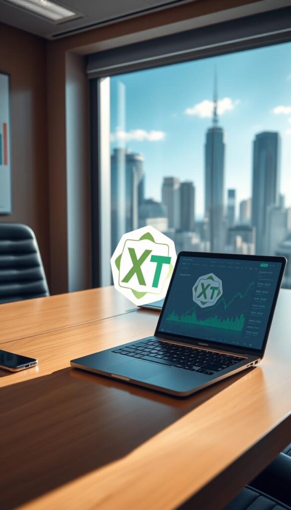 A sleek, modern office desk with a laptop, smartphone, and various financial charts and graphs displayed on the screen. A stylized icon or logo for "Copy Trading XT" prominently featured on the laptop's display. The desk is well-lit, with a warm, professional atmosphere. In the background, a cityscape with towering skyscrapers and a clear, blue sky visible through the window. The overall scene conveys the advantages of using a sophisticated, technology-driven investment tool like Copy Trading XT to boost one's financial returns.