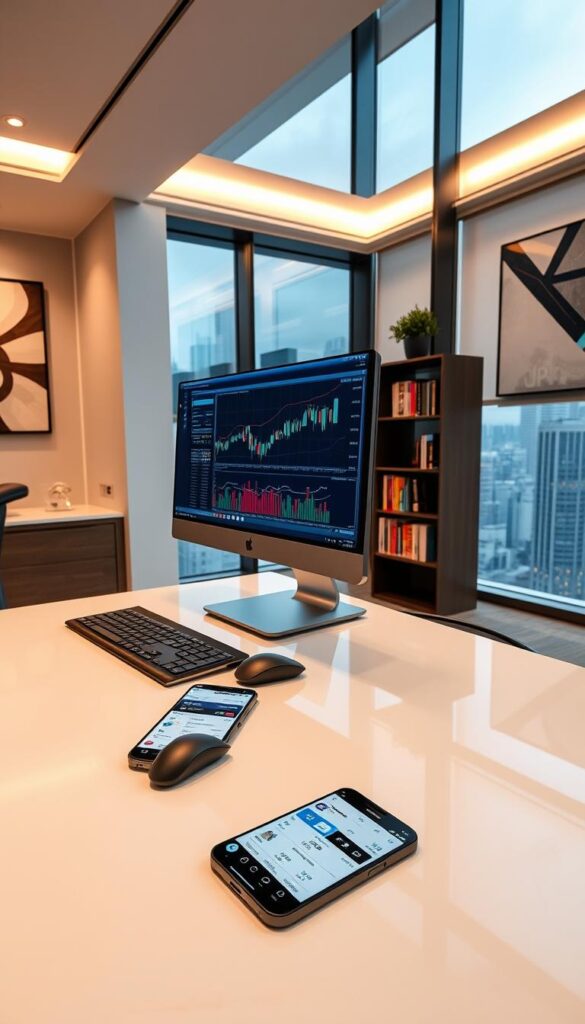 A sleek, modern office interior with floor-to-ceiling windows overlooking a bustling cityscape. In the foreground, a stylish desk with a high-end desktop computer, a crisp monitor displaying a trading platform interface, and a well-designed mouse and keyboard setup. On the desk, a smartphone with a trading app open, showcasing a user-friendly dashboard. The middle ground features a comfortable ergonomic chair and a minimalist bookshelf with finance-related books. The background is filled with a warm, indirect lighting that creates a professional and productive atmosphere, complemented by tasteful abstract wall art.