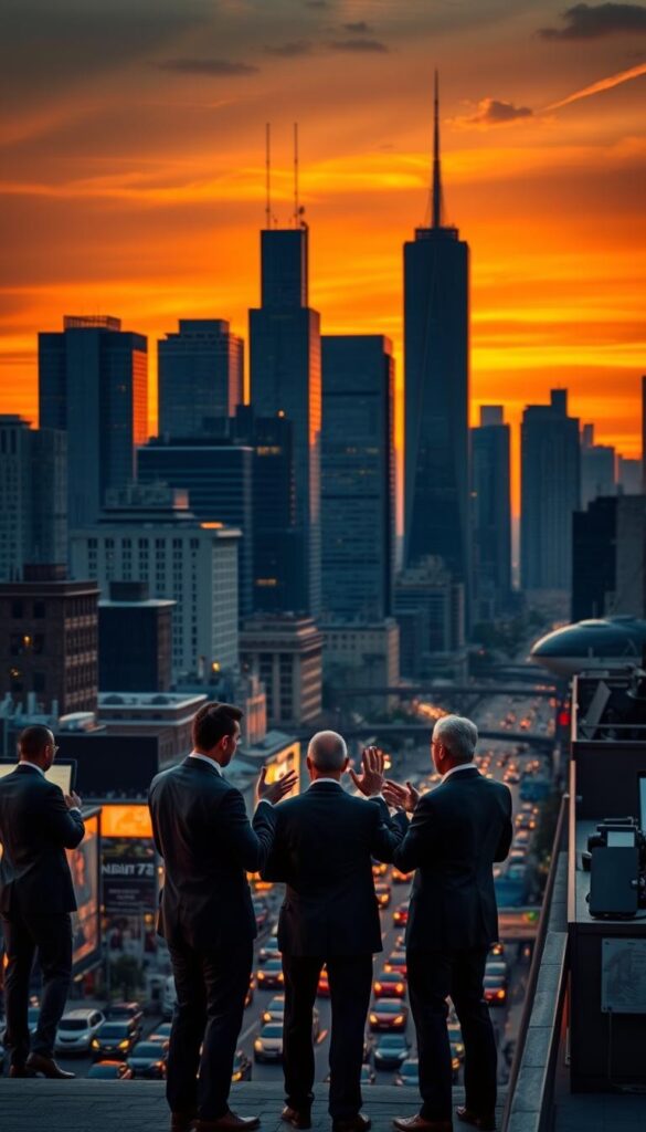 A sophisticated cityscape at sunset, with towering skyscrapers in the background casting long shadows across the bustling streets below. In the foreground, a group of suited professionals engage in heated discussions, gesturing animatedly as they navigate the complexities of financial regulations surrounding copy trading. The lighting is dramatic, with warm hues of orange and gold illuminating the scene, conveying a sense of urgency and high-stakes decision-making. The camera angle is slightly elevated, allowing the viewer to observe the intricate web of interactions and negotiations unfolding. The overall atmosphere is one of tension and professional intensity, reflecting the importance of the regulatory landscape for the copy trading industry.
