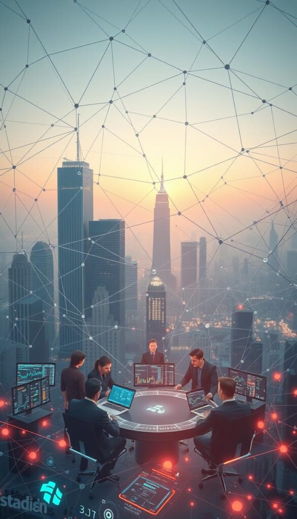 A sprawling network of digital connections, a web of intricate pathways where traders mirror one another's strategies. In the foreground, a central hub of activity, with sleek displays showcasing real-time market data and algorithmic trading signals. In the middle ground, individual traders, their faces illuminated by the glow of their screens, intently monitoring their portfolios and replicating the moves of their peers. The background is a hazy cityscape, skyscrapers reaching towards a sky tinged with the subtle hues of a setting sun, symbolizing the global nature of this digital ecosystem. The lighting is soft, yet precise, casting a sense of professionalism and sophistication over the scene. This is the future of copy trading, where politics and finance converge in a digital dance of mirrored investment decisions.