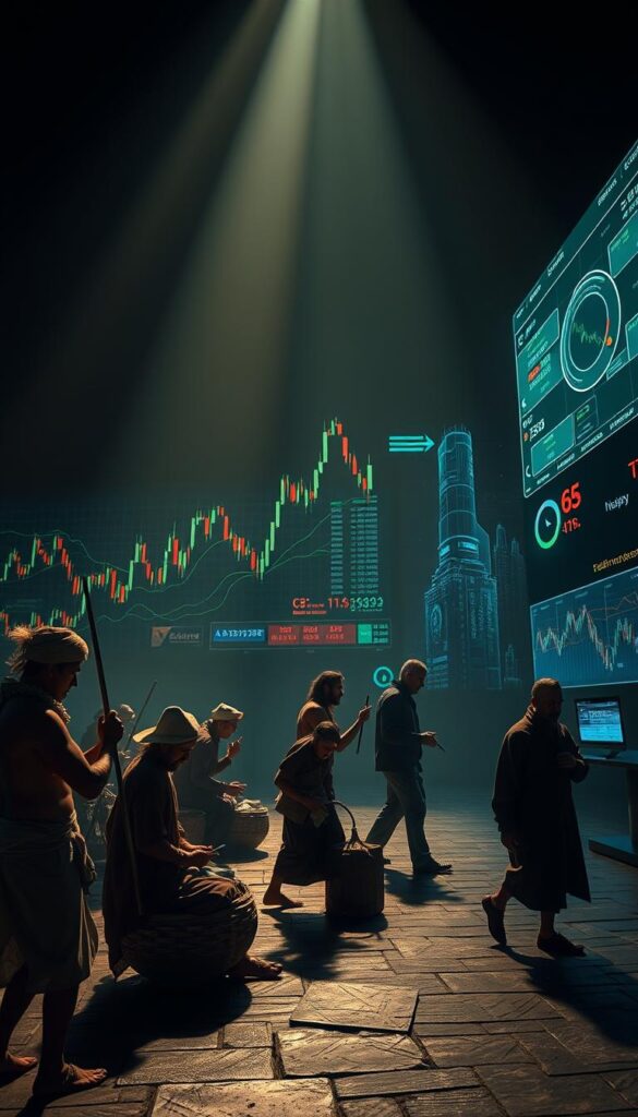 A vibrant, dynamic evolution of trading practices throughout history. In the foreground, ancient traders bartering goods, followed by candlestick charts and stock tickers in the middle ground, leading to futuristic holographic interfaces and algorithmic trading in the background. Dramatic lighting casts shadows, conveying the progressive development of finance and technology over time. The scene is rendered in a cinematic, slightly moody style, emphasizing the significance of this transformation.