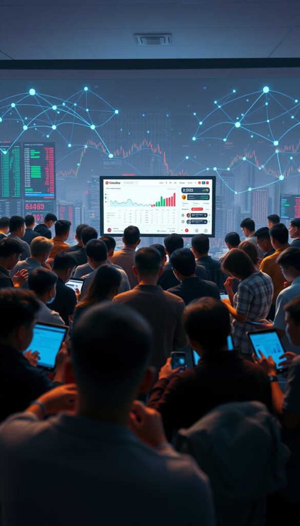 A vibrant online community of Redditors deeply engaged in the world of copy trading. In the foreground, a diverse group of users gathered around their devices, intensely scrutinizing market trends and strategies. The middle ground features a sleek, minimalist interface displaying real-time portfolio analytics and social feed updates. In the background, a dynamic, ever-changing landscape of stock tickers, financial data visualizations, and a pulsing network of connections, reflecting the collaborative nature of this thriving copy trading ecosystem. Soft, diffused lighting creates a sense of focus and concentration, while the overall composition conveys a balance of technology, finance, and the shared human experience of navigating the complexities of the markets.