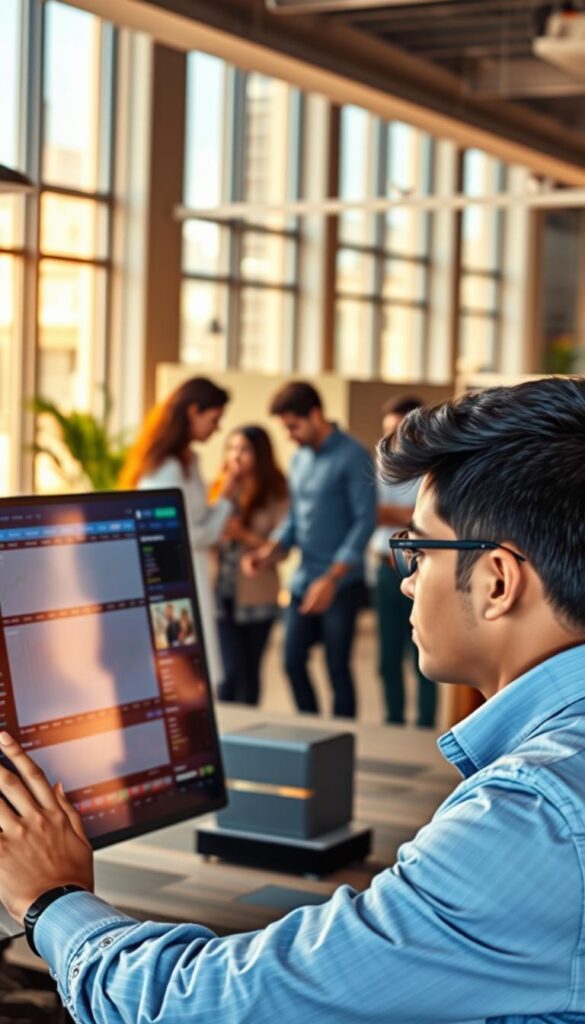 A vibrant, real-world scene showcasing the user experience of Zerodha's social trading platform. In the foreground, a young professional intently monitors their trading dashboard on a sleek, high-resolution display. The middle ground features a group of colleagues collaborating, sharing insights and strategies. In the background, a modern, open-concept office space with floor-to-ceiling windows bathes the scene in warm, natural light. The overall atmosphere conveys a sense of productive focus, camaraderie, and a culture of engaged, successful investors maximizing their potential through Zerodha's innovative copy trading tools.