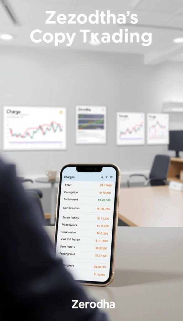 A visually engaging image showcasing the key details of Zerodha's copy trading charges. A well-lit, high-resolution scene with a clean, minimalist layout. In the foreground, a sleek smartphone or tablet displaying the Zerodha app's copy trading interface, highlighting the various charge breakdowns and commission structures. In the middle ground, financial charts and graphs providing context on market performance and investment trends. The background features a muted, professional office setting with subtle branding elements to reinforce the Zerodha brand. The overall mood is informative, authoritative, and designed to educate the viewer on the specific costs and fees associated with Zerodha's copy trading platform.
