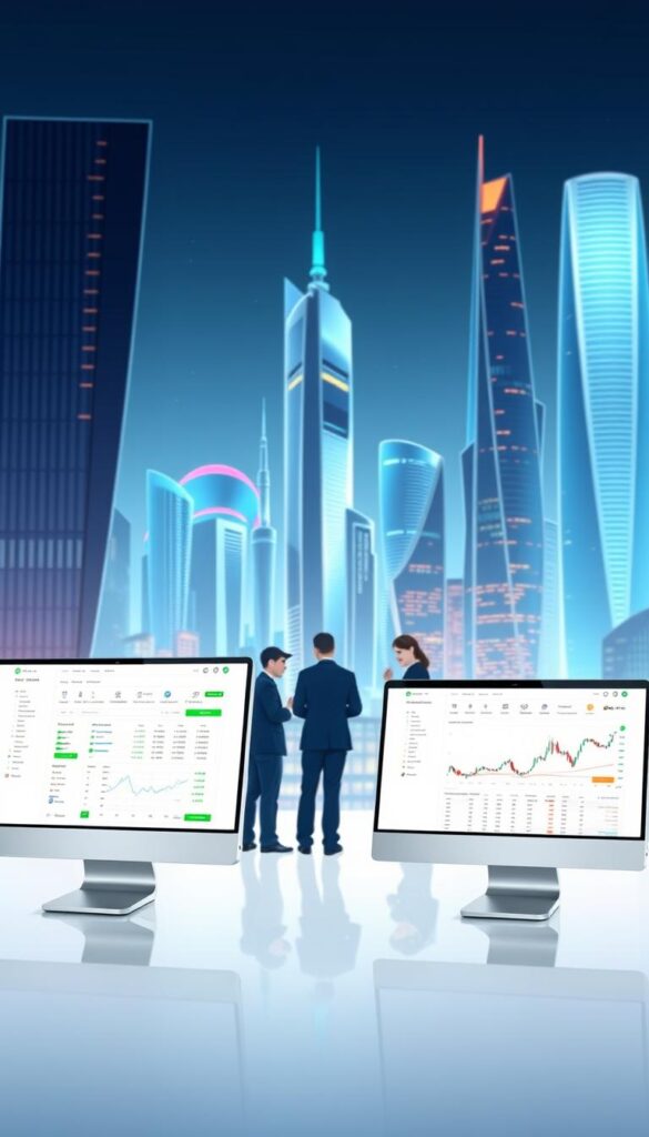 A well-lit, high-quality digital illustration showcasing three prominent copy trading software platforms side-by-side. In the foreground, the platforms are displayed on modern, minimalist computer screens, each with a clean user interface and intuitive dashboard. The middle ground features a group of investors closely analyzing performance data and making informed trading decisions. In the background, a sleek, futuristic cityscape with skyscrapers and a vibrant, bustling atmosphere sets the scene. The overall composition conveys a sense of technological sophistication, financial empowerment, and the benefits of leveraging advanced copy trading tools to maximize investment strategies.