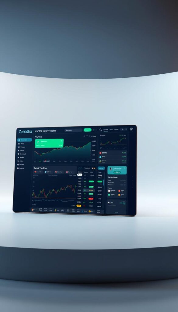 A well-lit, high-resolution 3D render of the Zerodha copy trading software interface, showcasing a sleek and intuitive dashboard. The foreground displays the main trading panel with real-time market data, customizable charts, and intuitive trading controls. The middle ground features a sidebar with user profile information, portfolio management tools, and social trading features. The background depicts a clean, minimalist environment with subtle gradients, adding depth and a sense of digital sophistication. The overall scene conveys a modern, efficient, and user-friendly experience, ideal for active investors seeking to leverage the power of Zerodha's copy trading platform.