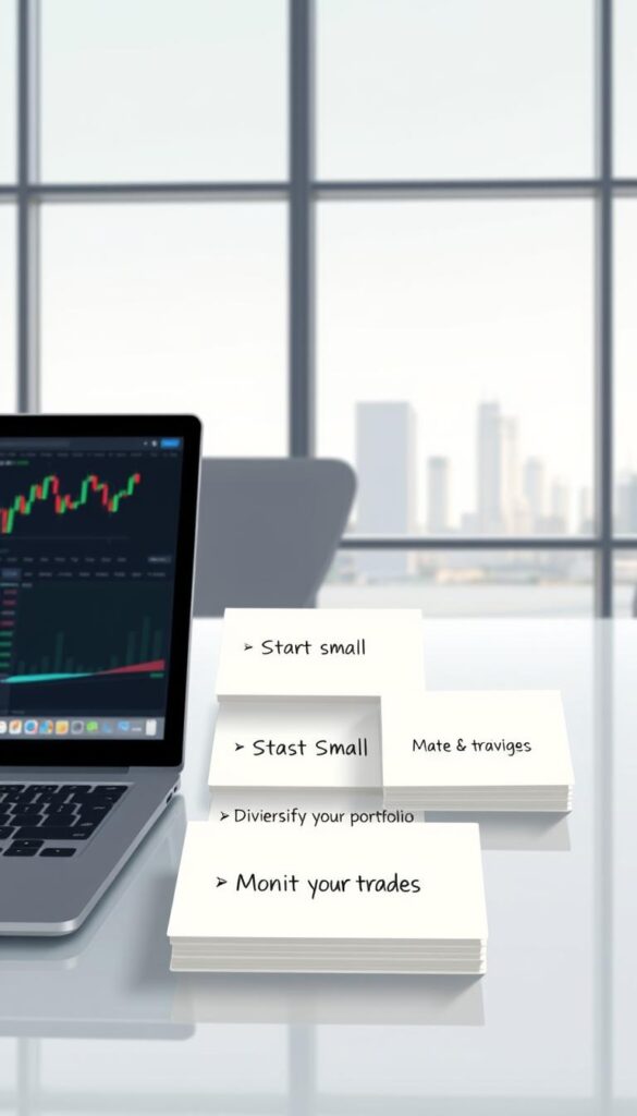 A well-lit, high-resolution digital illustration depicting a set of tips for copy trading displayed on a sleek, modern desktop. In the foreground, a laptop screen showcases a live forex trading platform, with candlestick charts and financial data. In the middle ground, a neatly organized array of note cards or index cards present copy trading best practices, such as "Start small", "Diversify your portfolio", and "Monitor your trades". The background features a clean, minimalist office setting with a large window overlooking a cityscape, creating a sense of professionalism and productivity. The overall composition should convey a clear, informative, and visually appealing presentation of copy trading tips for beginners.