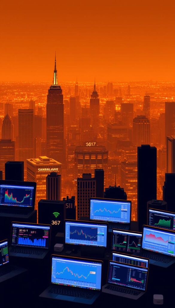 An array of sleek, modern trading platforms against a backdrop of cityscape silhouettes, illuminated by warm, golden lighting. In the foreground, the platforms are showcased with clean user interfaces, intuitive controls, and vibrant data visualizations. In the middle ground, a diverse set of financial instruments, such as stocks, currencies, and cryptocurrencies, are represented through subtle icons and symbols. The background features a bustling metropolitan skyline, conveying the global reach and connectivity of the copy trading ecosystem.