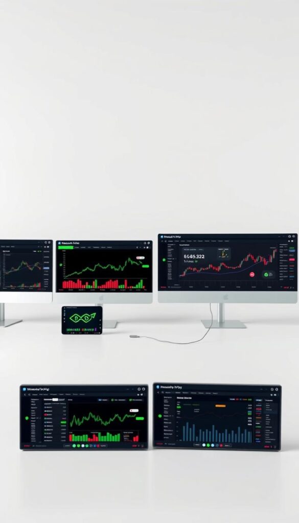Detailed comparison of leading copy trading platforms against a minimalist backdrop. Sleek, modern interface designs displayed in clean, well-lit studio setting. Thoughtful arrangement of platform logos, charts, and analytics dashboards to showcase key features. Smooth, photorealistic rendering with soft shadows and mild color grading to convey an authoritative, informative tone. Camera positioned at eye level to create a sense of professionalism and expertise. The overall scene should inspire trust and confidence in the copy trading concept.