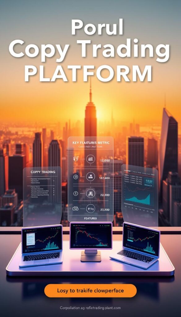 a detailed comparison of popular copy trading platforms, showcased in a dynamic 3D digital scene. The foreground features three distinct platforms, each presented as a stylized virtual interface with sleek, minimalist designs. The middle ground depicts the platforms' key features and trading metrics displayed holographically, allowing for easy side-by-side evaluation. The background is a futuristic city skyline, bathed in warm, golden lighting to convey a sense of prosperity and financial opportunity. The overall composition is crisp, well-balanced, and visually compelling, guiding the viewer's attention to the core comparative elements.