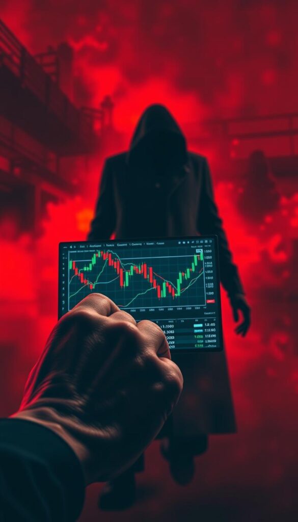 a dramatic, dystopian scene depicting the risks of copy trading in the forex market. In the foreground, a hand gripping a trading screen displays chaotic stock charts and plummeting numbers, conveying a sense of panic and financial turmoil. In the middle ground, a shadowy figure representing the copy trader looms over the screen, casting an ominous presence. The background is shrouded in a hazy, ominous atmosphere, with a red and orange color palette suggesting danger and volatility. The lighting is dramatic, with sharp contrasts and deep shadows, creating a sense of unease and impending disaster. The overall composition and mood evoke the potential pitfalls and risks associated with copy trading, serving as a cautionary tale for those considering this investment strategy.