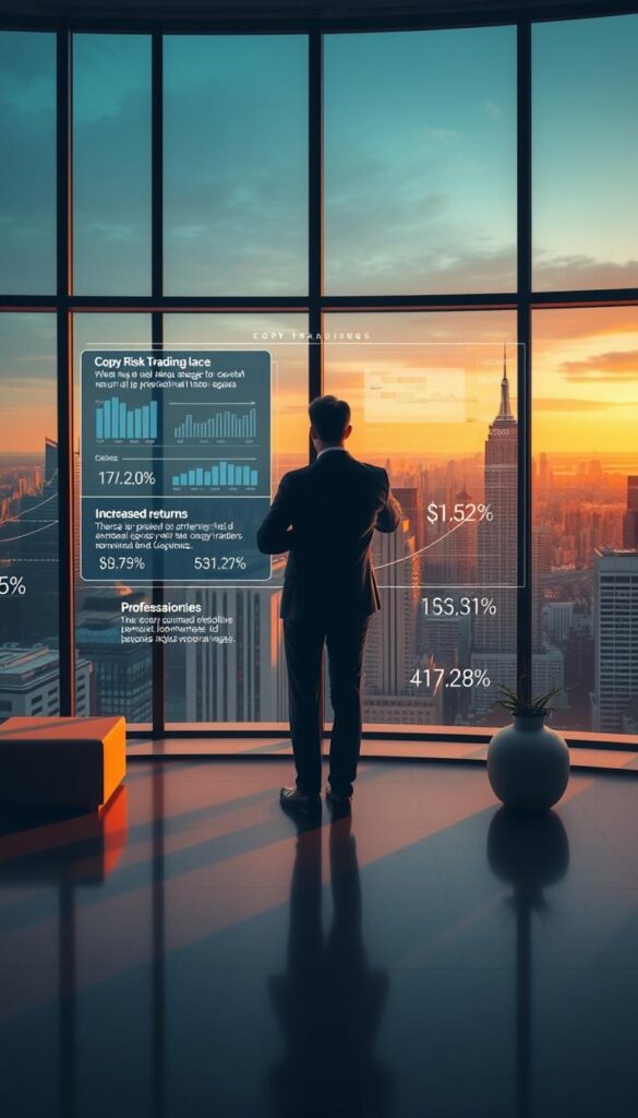 benefits of copy trading, depicting a finance professional standing in front of a holographic display showing financial charts, graphs, and statistics, highlighting the potential advantages of copy trading strategies, such as reduced risk, increased returns, and access to professional traders' expertise, all set against a backdrop of a modern, minimalist office environment with large windows overlooking a bustling city skyline, lit by warm, directional lighting that casts dramatic shadows, creating a sense of depth and scale.